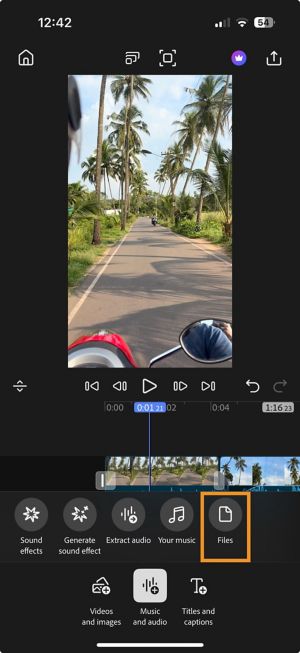 Files option highlighted in the Music and audio menu to add audio from iPhone storage.