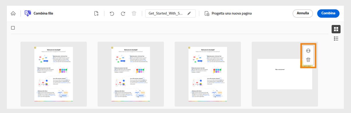 I file da combinare vengono visualizzati come miniature e uno dei file mostra gli strumenti evidenziati per l’espansione e l’eliminazione.