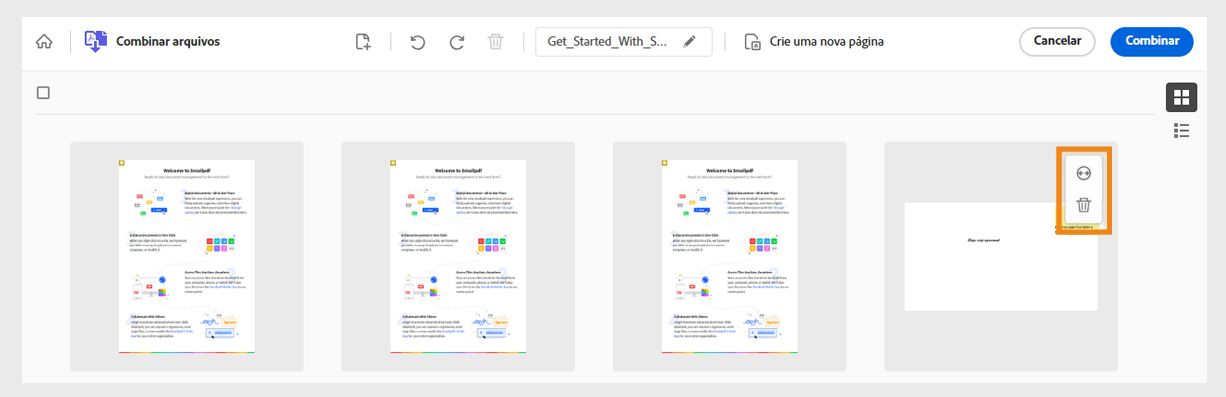 Os arquivos a serem combinados exibidos como miniaturas, e um dos arquivos mostra as ferramentas para expandir e excluir destacadas.