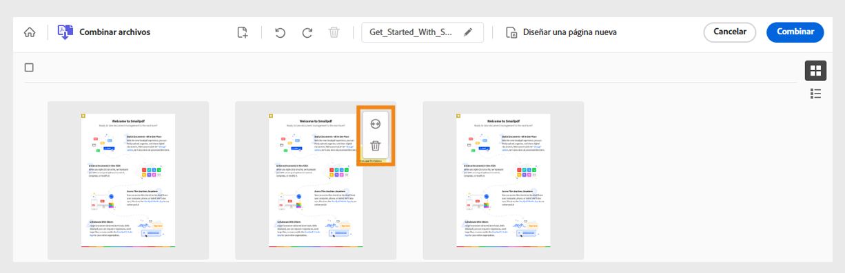 Los archivos que se van a combinar se muestran como miniaturas y uno de los archivos muestra herramientas resaltadas para ampliar y eliminar.