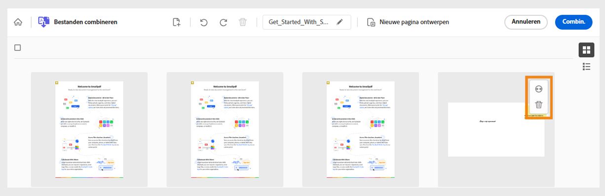 Bestanden die gecombineerd moeten worden, worden weergegeven als miniaturen en één van de bestanden toont gemarkeerde tools voor uitvouwen en verwijderen.