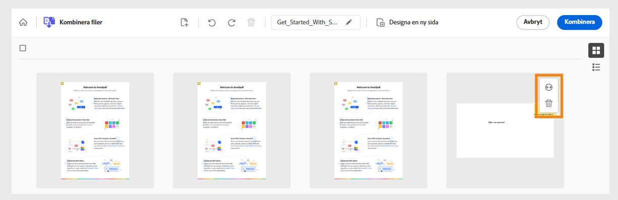 Filer som ska kombineras visas som miniatyrer, och en av filerna visar markerade verktyg för att expandera och ta bort.