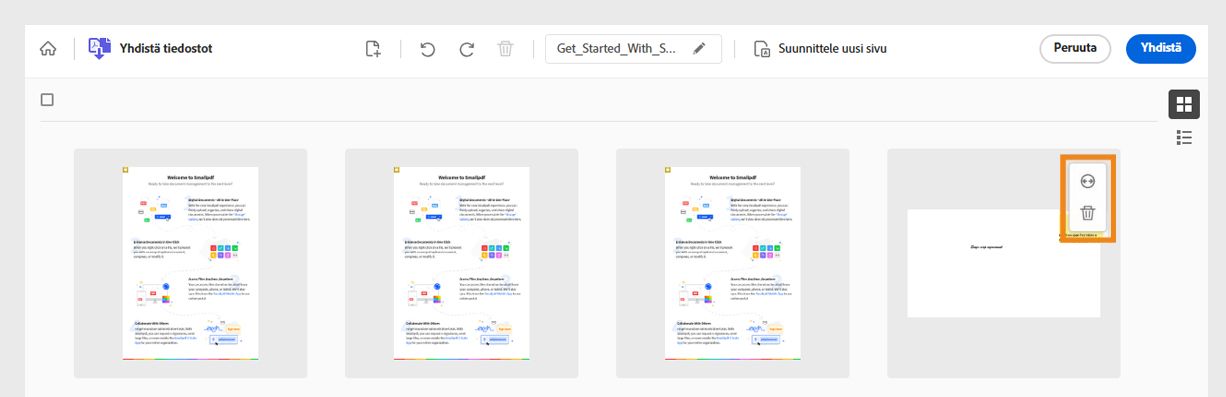 Yhdistettävät tiedostot näytetään pikkukuvina, ja yhdessä tiedostossa näkyy työkaluja korostettuna laajentamista ja poistamista varten.