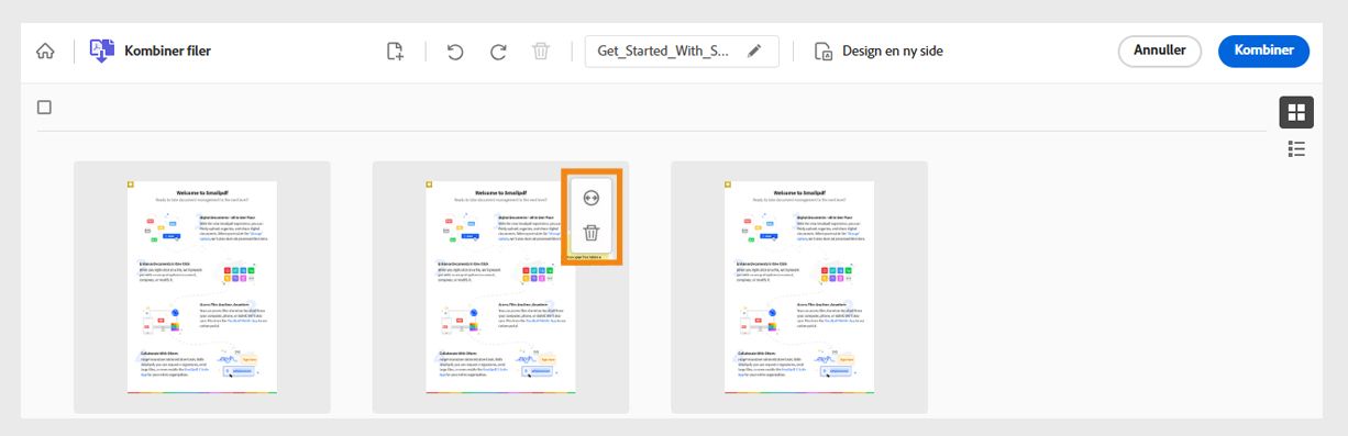 Filer, der skal kombineres, vises som miniaturebilleder, og en af filerne viser fremhævede værktøjer til udvidelse og sletning.