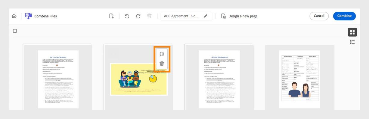 Ang mga file na pagsamasamahin ay ipapakita bilang mga thumbnail, at ang isa sa mga file ay nagpapakita ng mga naka-highlight na tool para sa pag-expand at pag-delete.