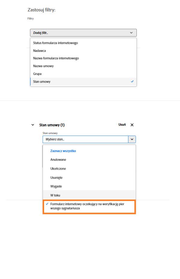 Filtr stanu umowy podkreśla status „Formularz internetowy oczekuje na weryfikację pierwszego sygnatariusza”