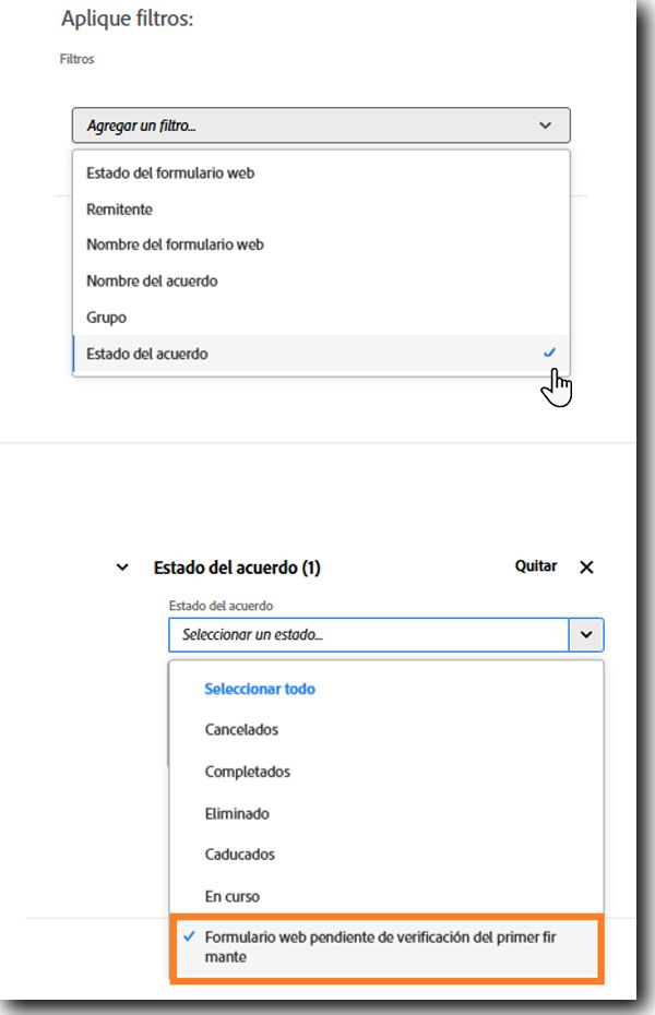 El filtro Estado del acuerdo resalta el estado “Formulario web pendiente de verificación del primer firmante”