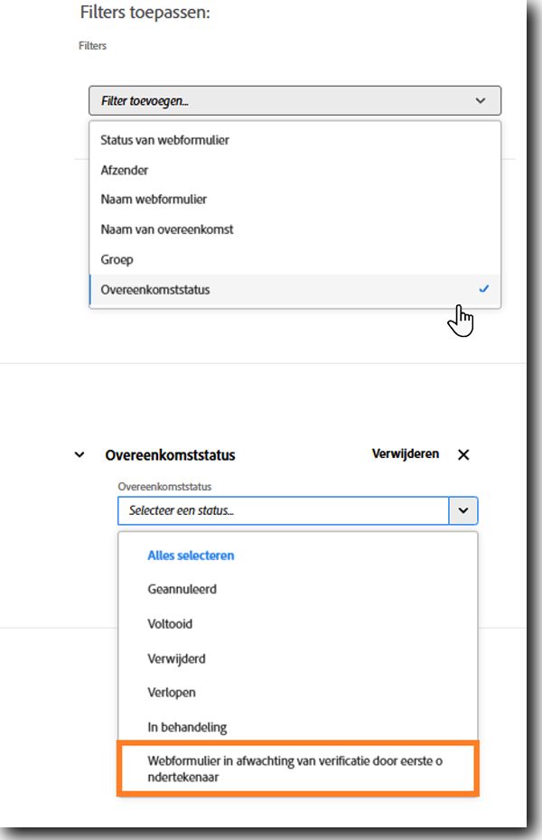 Het filter Overeenkomststatus met de status Webformulier in afwachting van verificatie door eerste ondertekenaar gemarkeerd