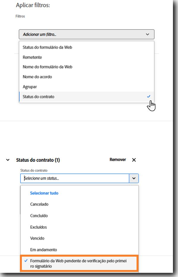 O filtro Status do contrato destacando o status “Formulário web pendente de verificação do primeiro signatário”