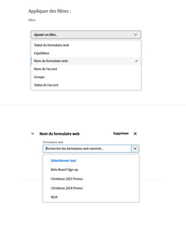 Filtre Nom du formulaire web affichant une liste des formulaires en ligne disponibles