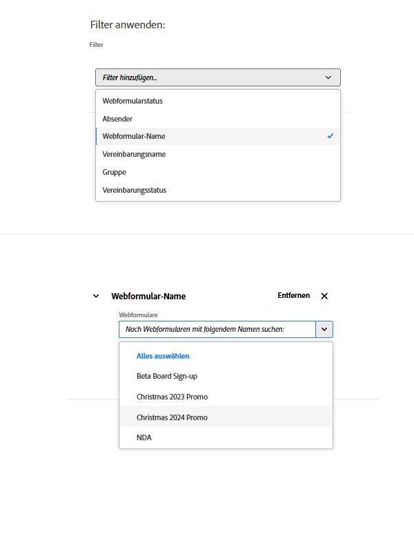 Der Filter „Webformularname“, der eine Liste der verfügbaren Webformulare anzeigt