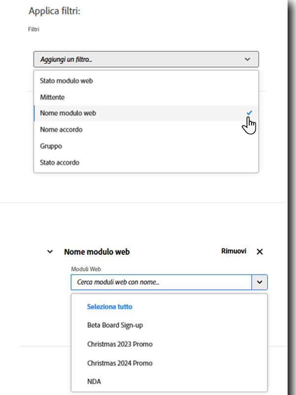Filtro Nome modulo web con un elenco dei moduli web disponibili