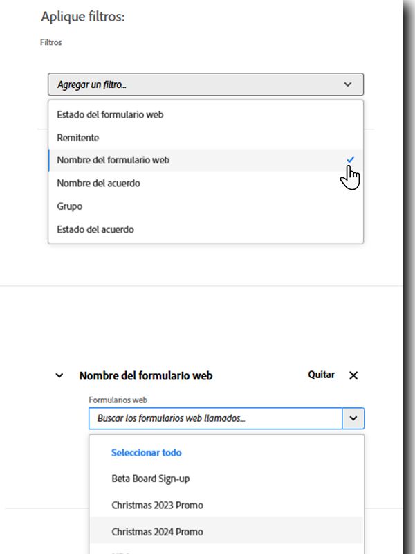 El filtro de nombres de formularios web muestra una lista de los formularios web disponibles