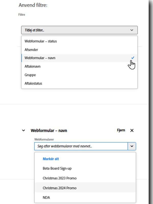 Filteret Webformularnavn viser en liste over tilgængelige webformularer