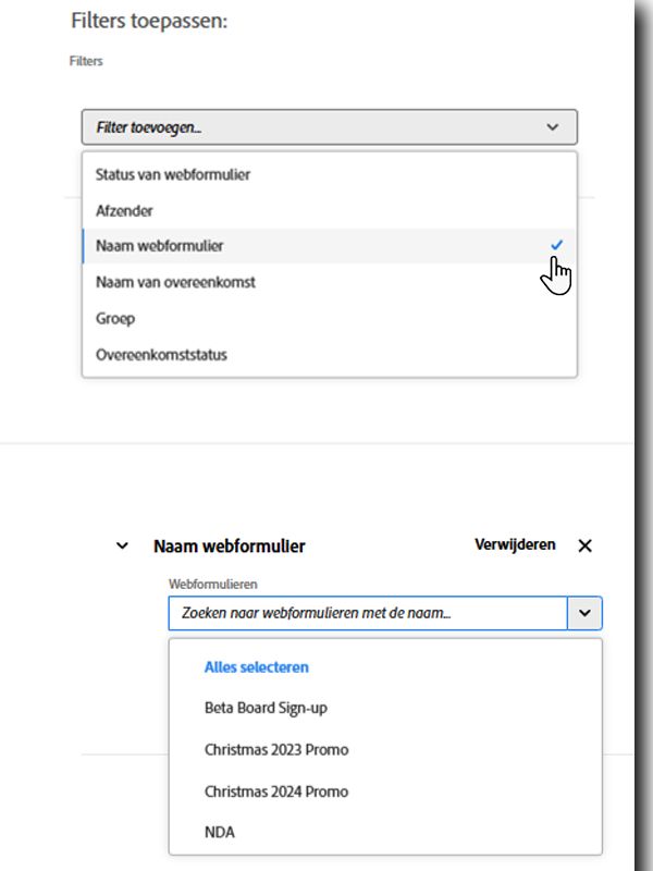 Het filter Naam van webformulier met een lijst beschikbare webformulieren