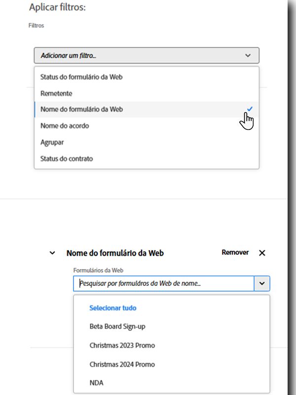 O filtro Nome do formulário web mostrando uma lista dos formulários web disponíveis