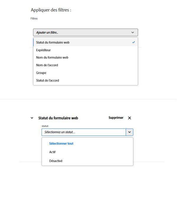 Filtre Statut du formulaire web affichant une liste des statuts possibles.