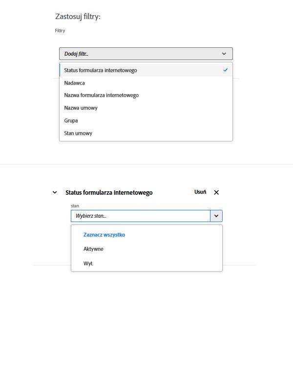 Filtr Status formularza internetowego wyświetla listę możliwych statusów.