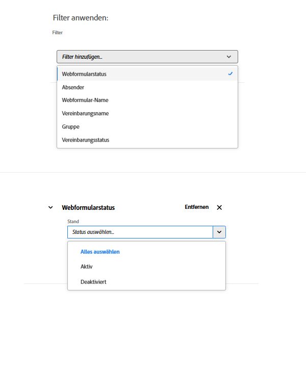 Der Filter „Webformularstatus“, der eine Liste der möglichen Status anzeigt