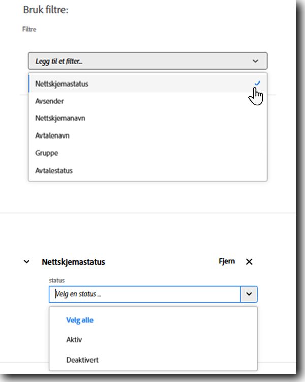 Nettskjemastatusfilteret viser en liste over mulige statuser.