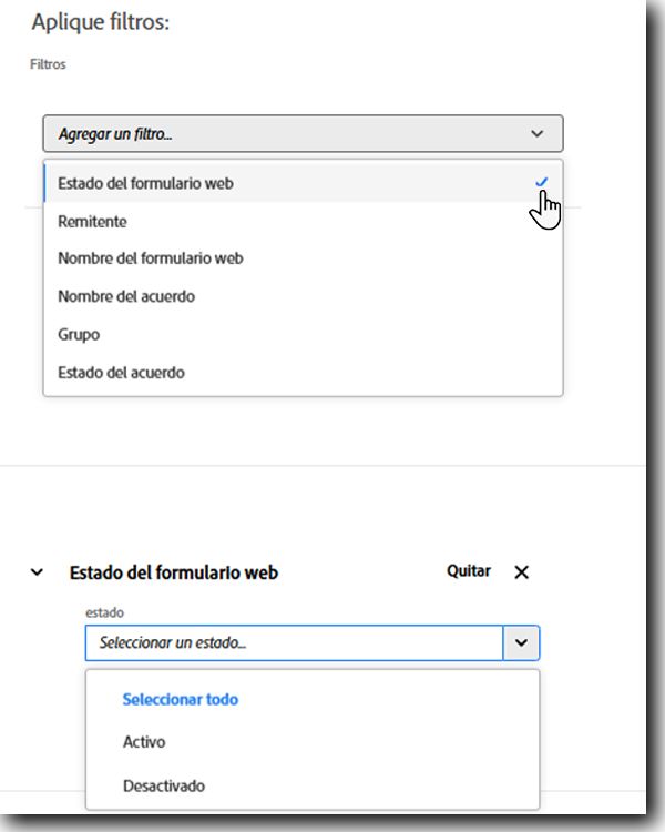 El filtro Estado del formulario web muestra una lista de los posibles estados.