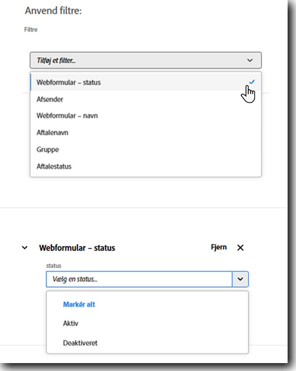 Filteret Webformularstatus viser en liste over mulige statusser.