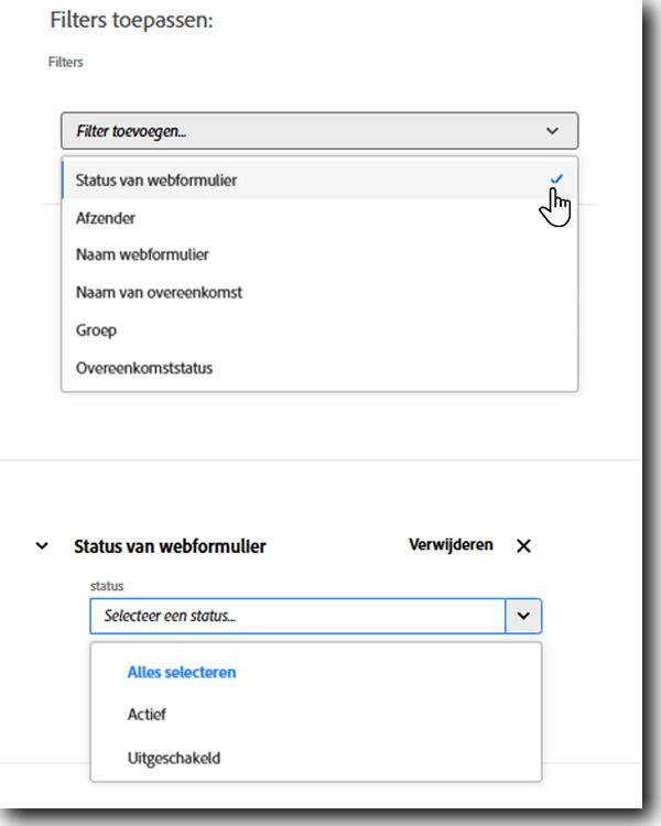 Het filter Status van webformulier met een lijst mogelijke statussen.