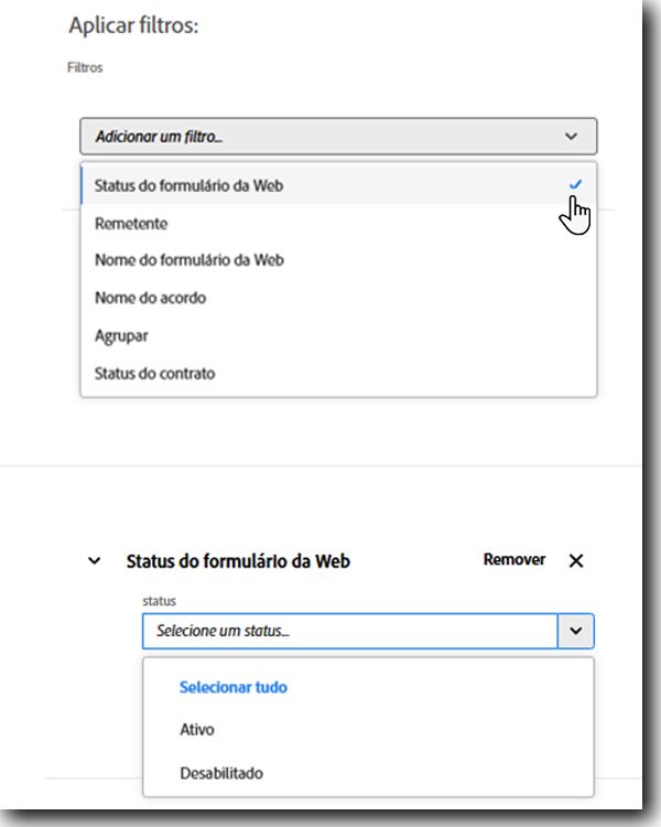 O filtro Status do formulário web mostrando uma lista dos status possíveis.