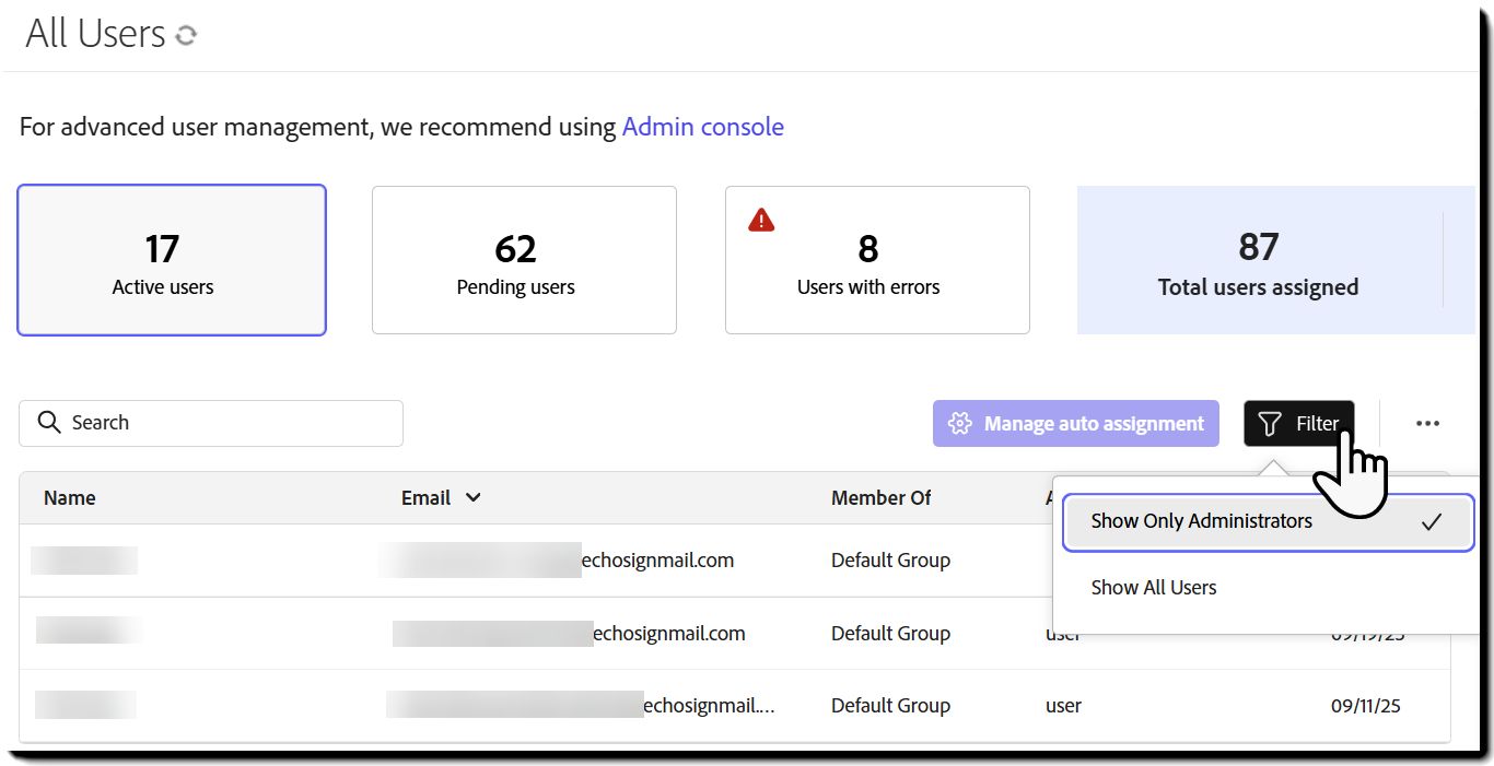 Käyttäjät-sivu, jolla hakukenttä on korostettuna