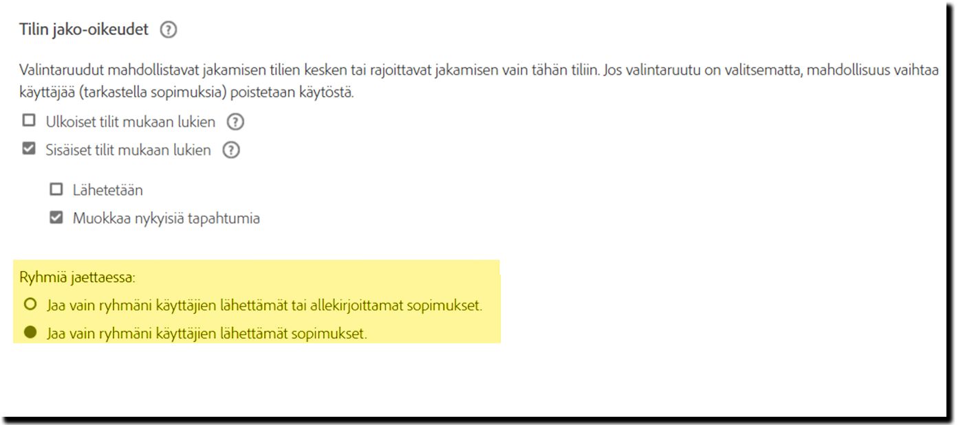 Suojausasetukset-sivu, jossa korostuu vaihtoehdot saapuvien sopimusten suodattamiseksi