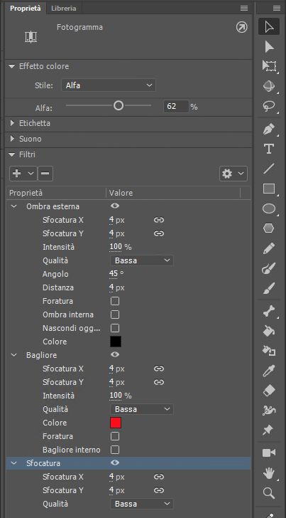 Proprietà dei filtri del fotogramma nella finestra di ispezione delle proprietà 