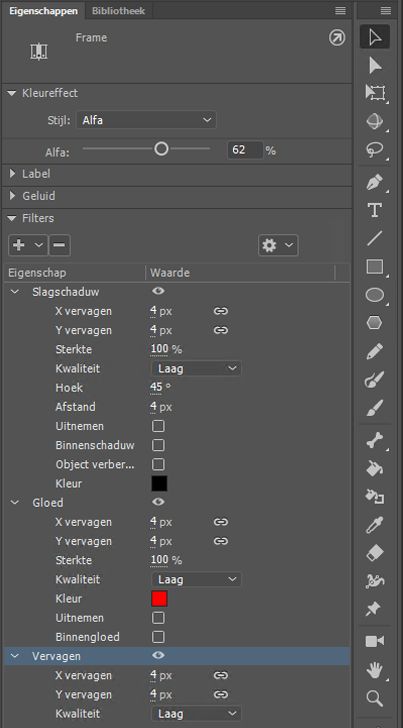Eigenschappen framefilters in Eigenschapcontrole 