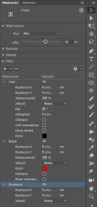 Właściwości filtrów klatek w inspektorze Właściwości 