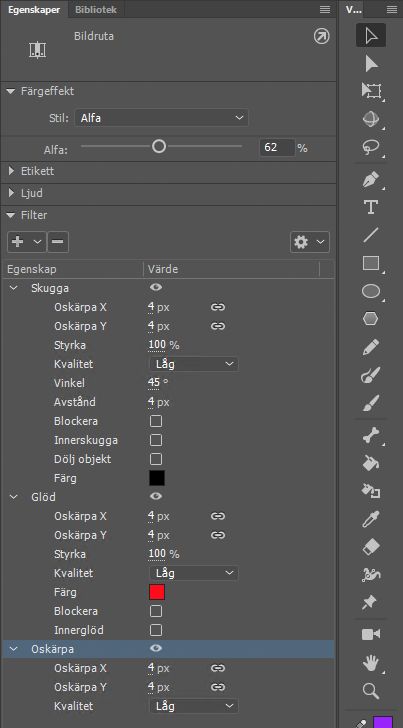 Filteregenskaper för bildrutor i egenskapsinspektören 