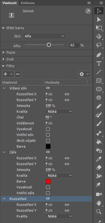 Vlastnosti filtrů snímků v inspektoru vlastností 