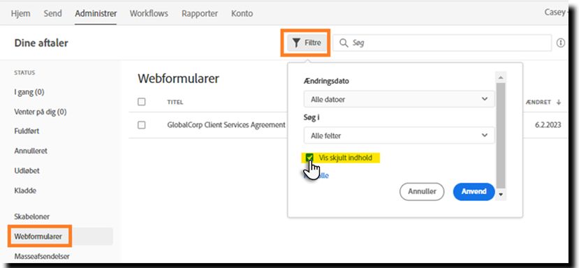 Markér filteret for at vise en webformular