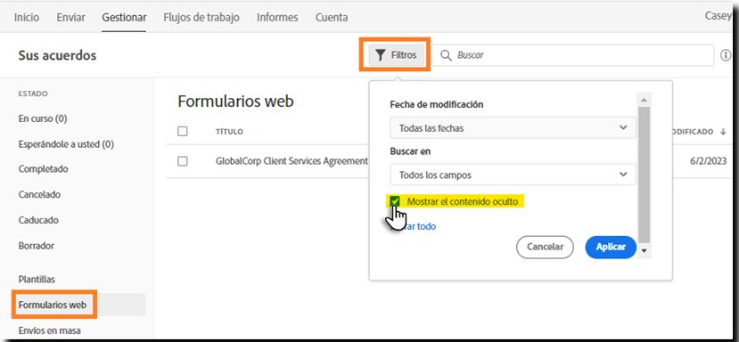 Marcar el filtro para descubrir un formulario web
