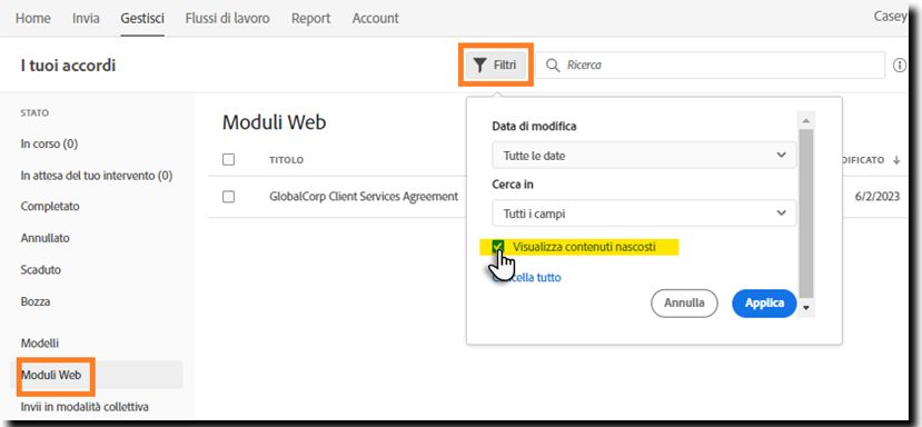 Controllare il filtro per non nascondere un modulo Web