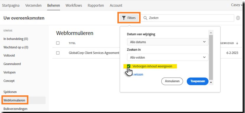 Filter selecteren om een webformulier weer zichtbaar te maken