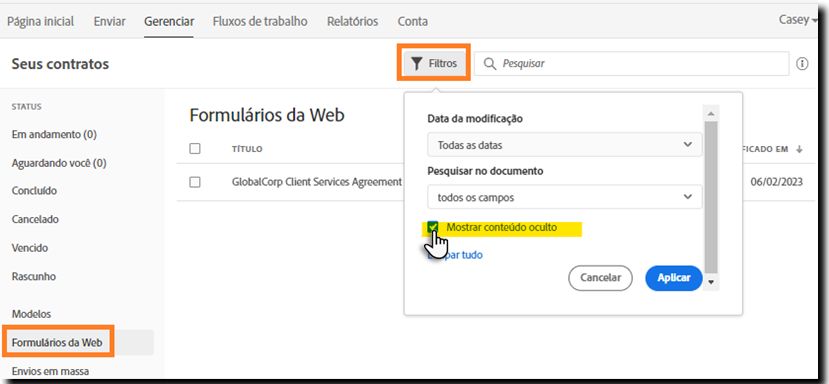 Marque o filtro para Reexibir um formulário web
