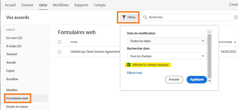 Sélectionner le filtre pour annuler le masquage du formulaire web