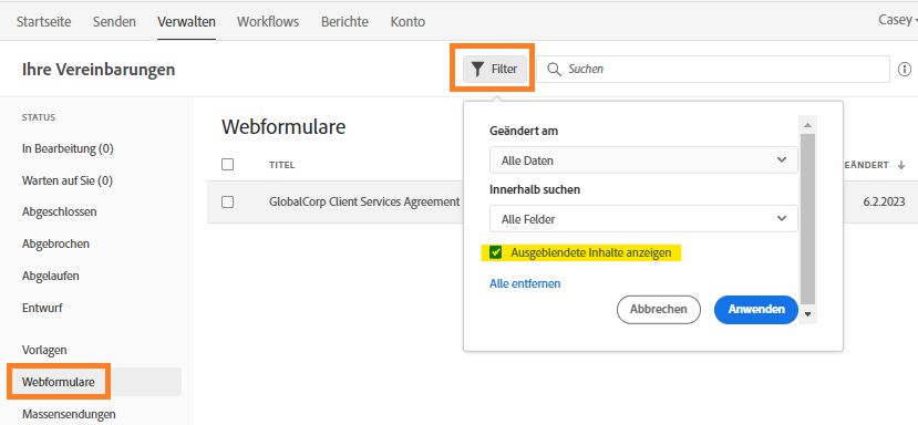 Aktivieren Sie den Filter, um ein Webformular wieder anzuzeigen