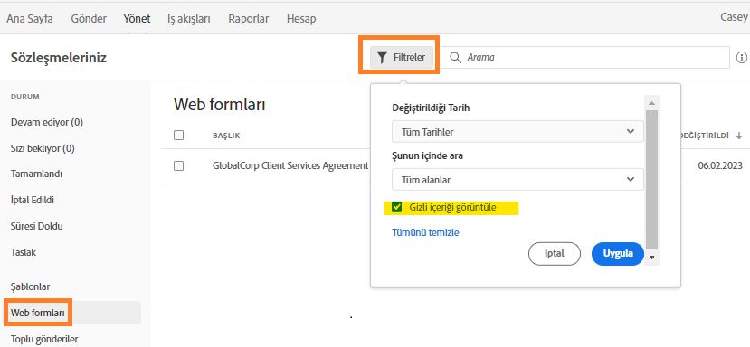 Web formunun gizliliğini kaldırmak için filtreyi kontrol edin