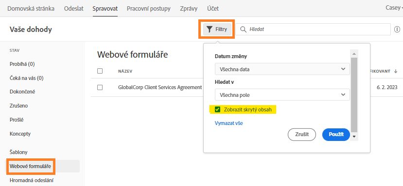 Zobrazte webový formulář zaškrtnutím filtru