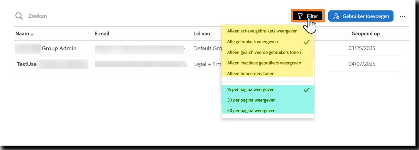 De pagina Gebruikers met het zoekveld gemarkeerd