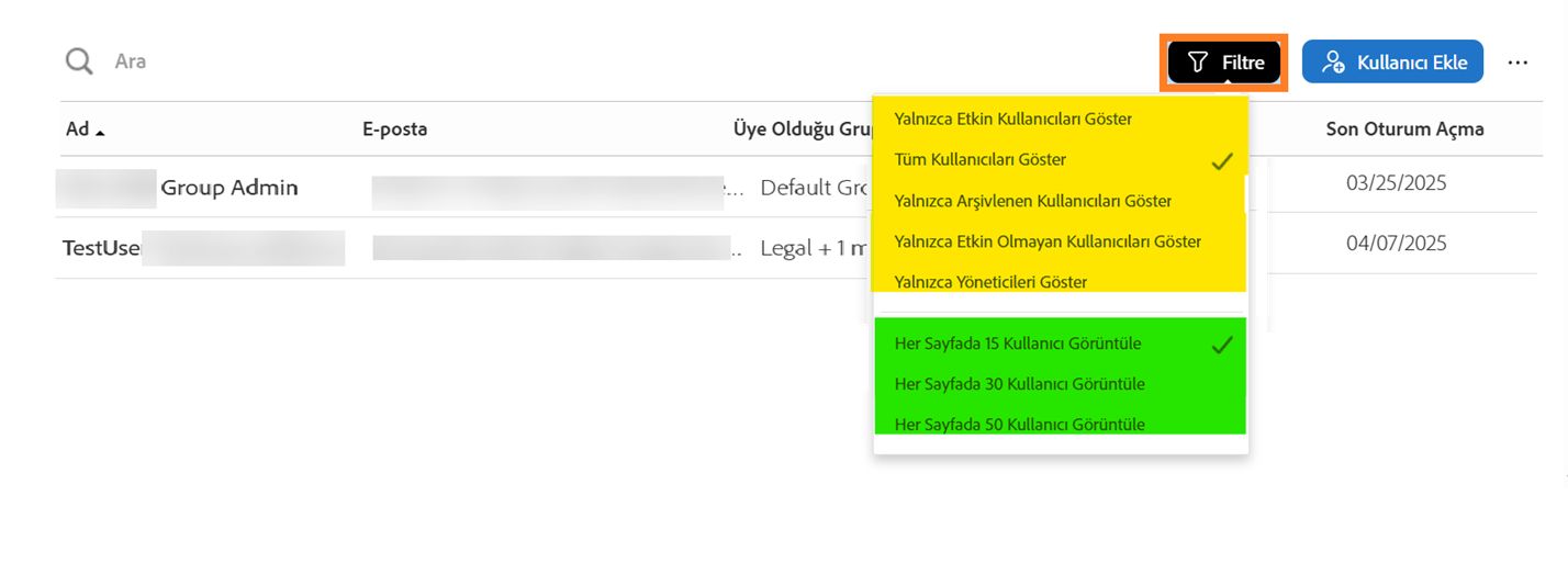 Arama alanının vurgulandığı Kullanıcılar sayfası