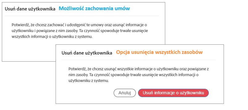 Dwa ostateczne ostrzeżenia przed usunięciem użytkownika: jedno, w którym umowy są zachowywane, a drugie, w którym wszystkie zasoby są usuwane.