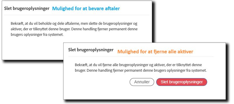 To sidste advarsler til sletning af brugeren, én, hvor aftalerne bevares, og en anden, hvor alle aktiver fjernes.