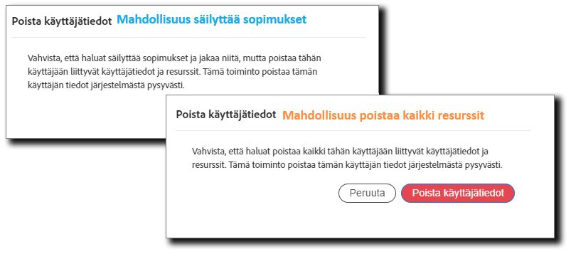 Kaksi viimeistä varoitusta käyttäjän poistamisesta. Toisessa sopimukset säilytetään ja toisessa kaikki resurssit poistetaan.