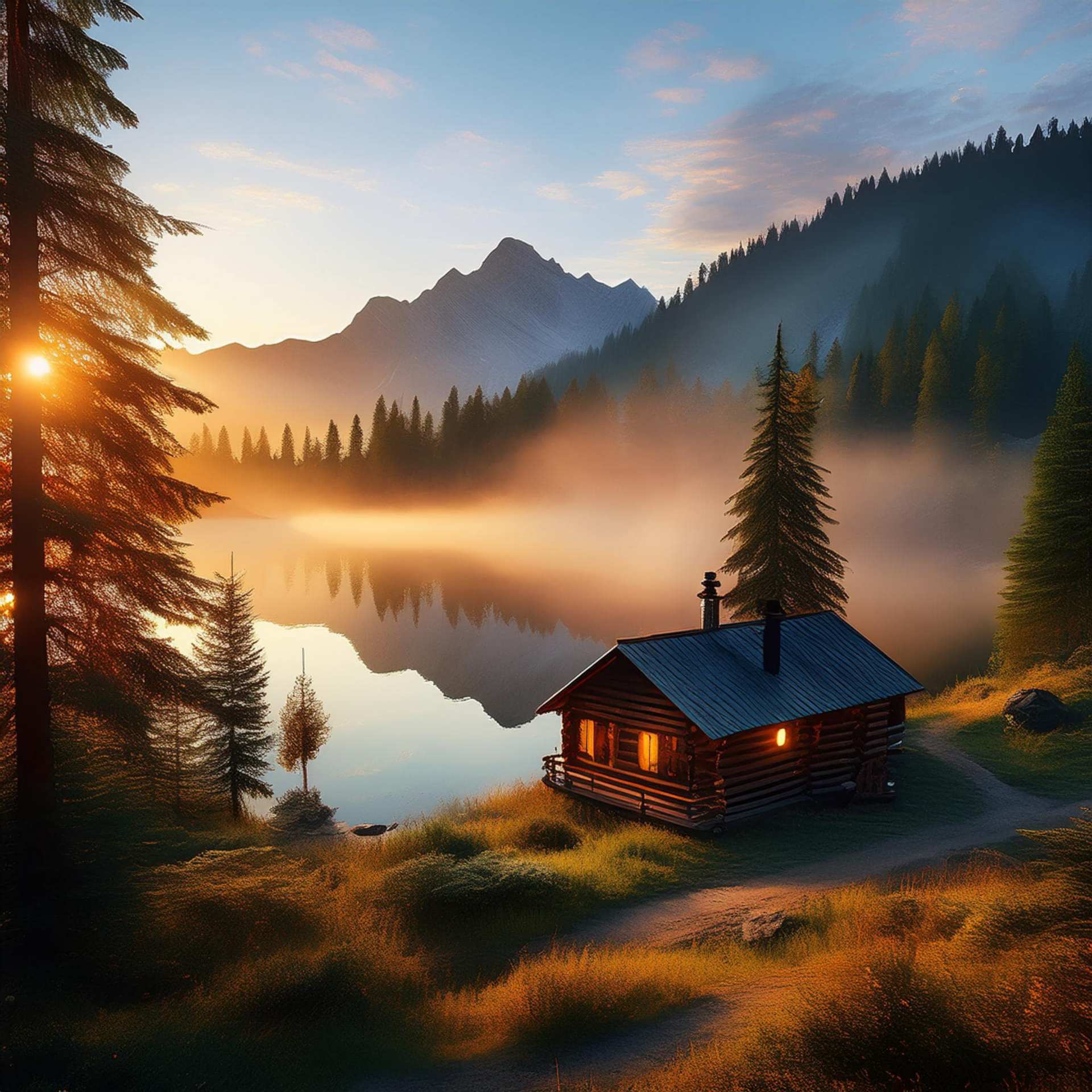 Ein Beispiel zum Inhaltstyp „Kunst“ in Firefly zeigt eine kleine Holzhütte an einem nebligen See zu Sonnenaufgang oder Sonnenuntergang, umgeben von Bäumen und bewaldeten Bergen.